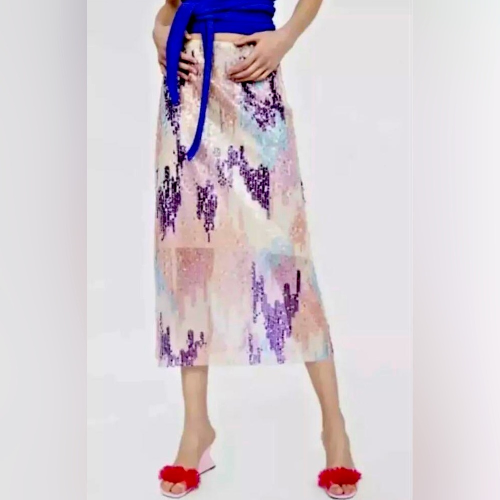 NWT Zara pastel color sequin midi skirt